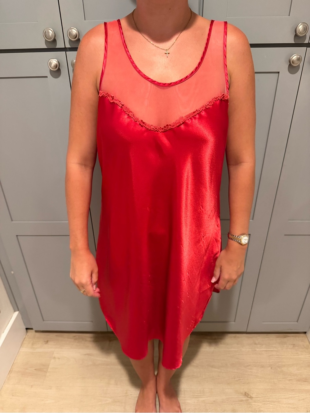 Vintage Gillian & O’Malley Red Satin Slip Dress with Sheer Yoke - Intimates